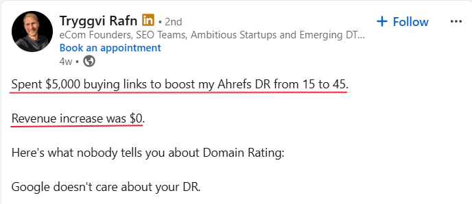 LinkedIn post describing an investment to improve Domain Rating