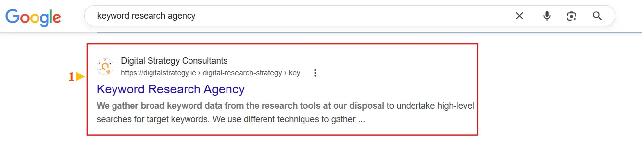 Google result showing Digital Strategy Consultants ranking first for keyword research agency