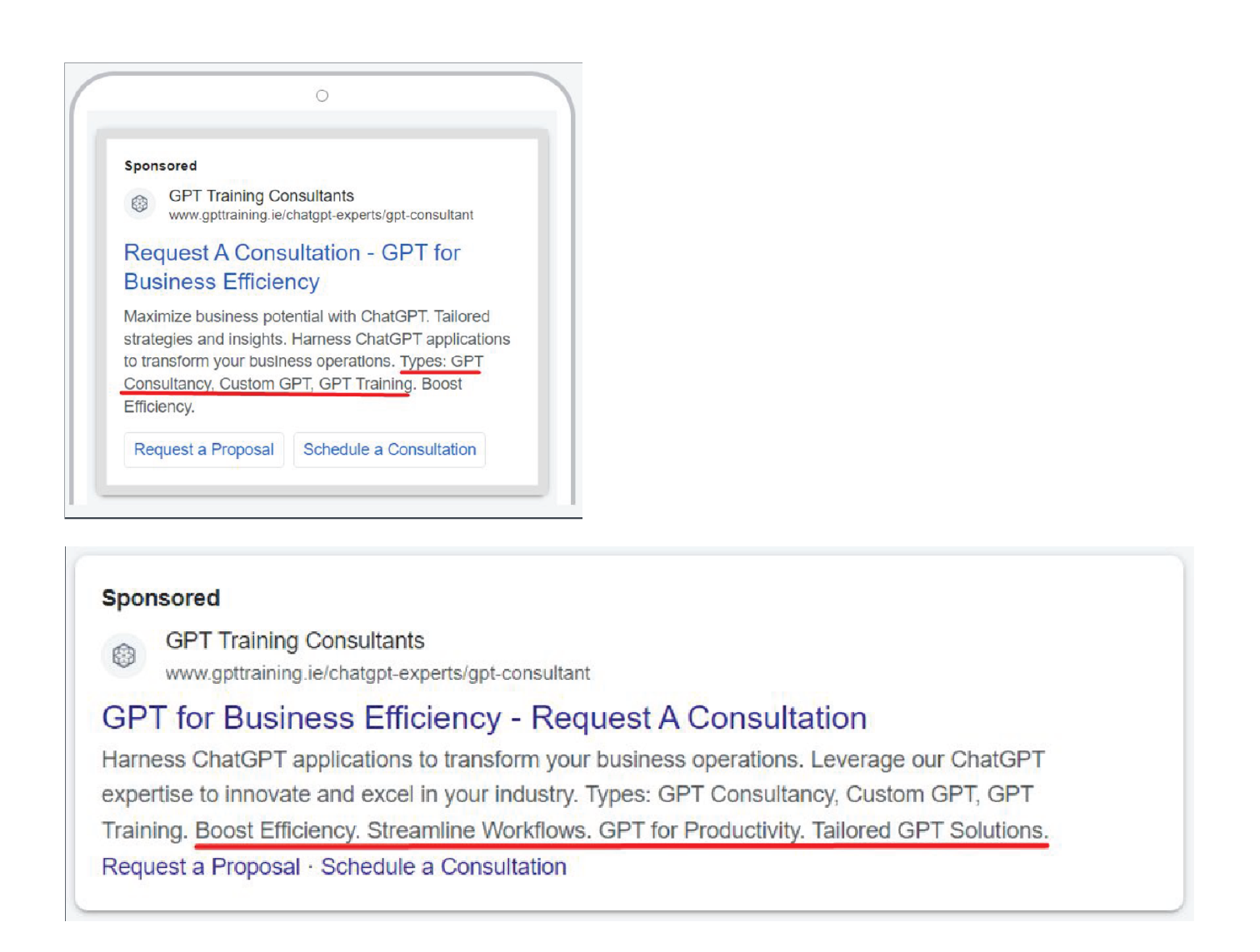 Responsive Google Search ads with sitelinks and extensions created for GPT Training Consultants