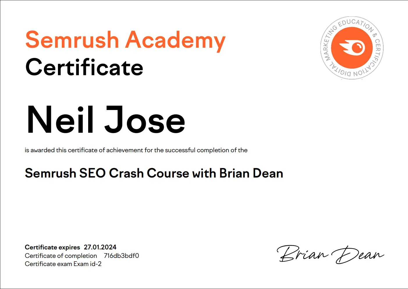 Semrush SEO Crash Course certificate