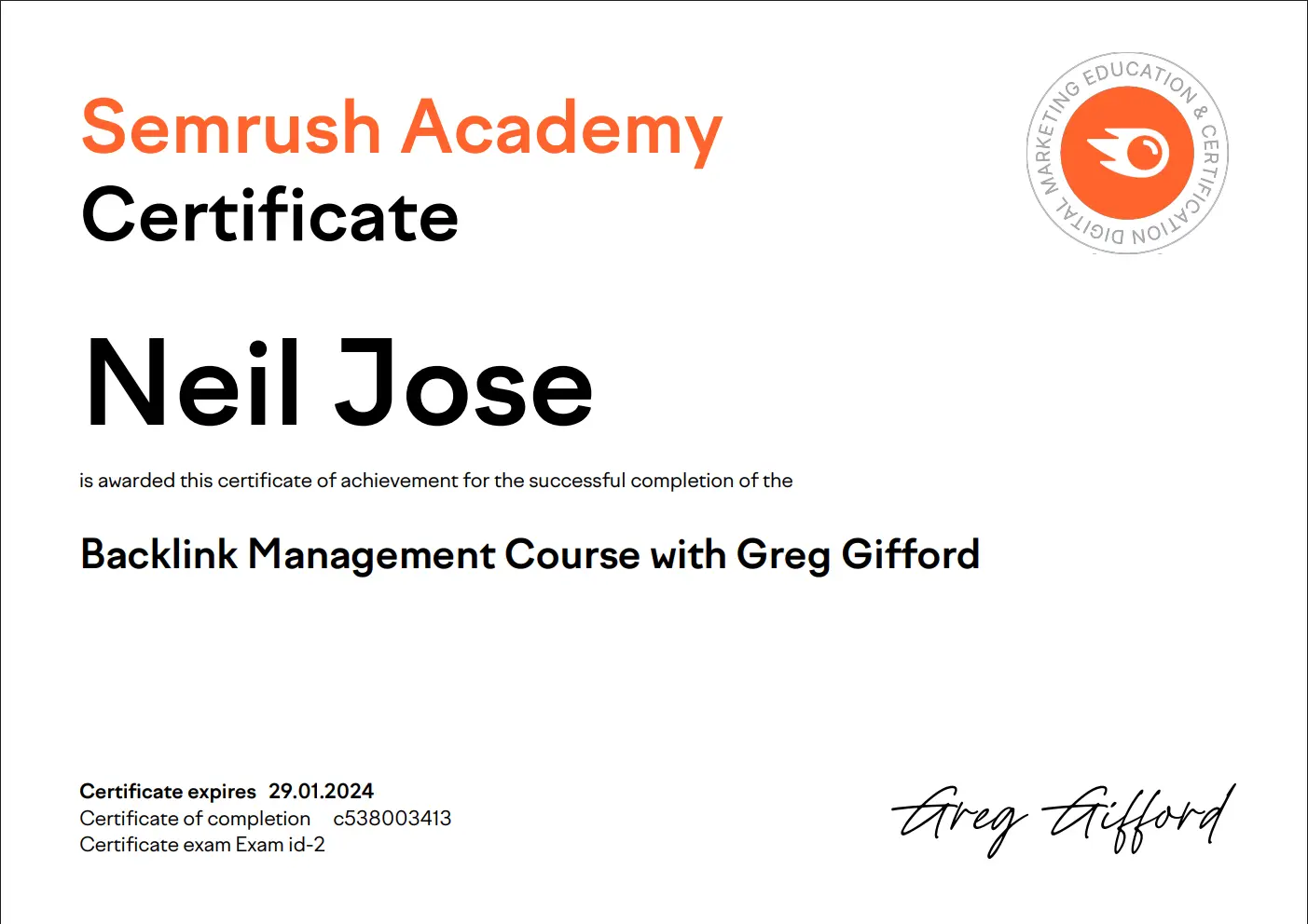 Semrush Backlink Management certificate