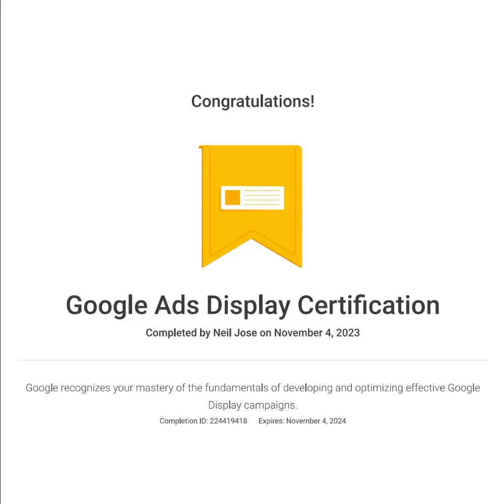Google Ads Display Certification certificate