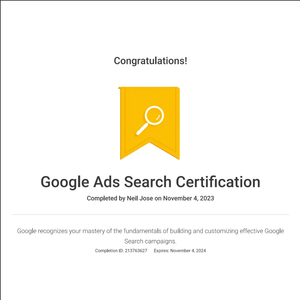 Google Ads Search Certification certificate