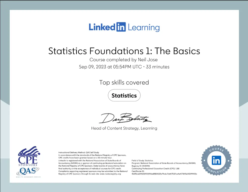 Statistics Foundations 1: The Basics certificate